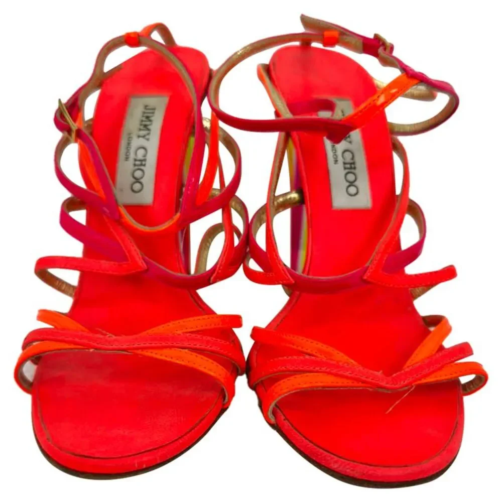 Jimmy Choo Strappy Sandal Heels in Neon Orange and Pink Leather